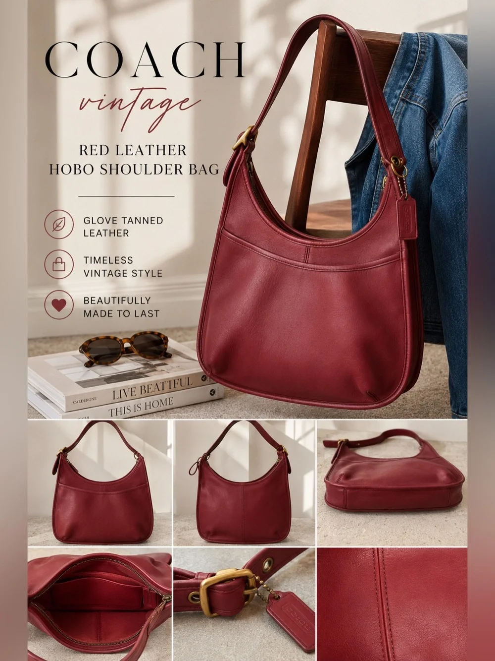 Coach Vintage Red Leather Hobo Shoulder Bag